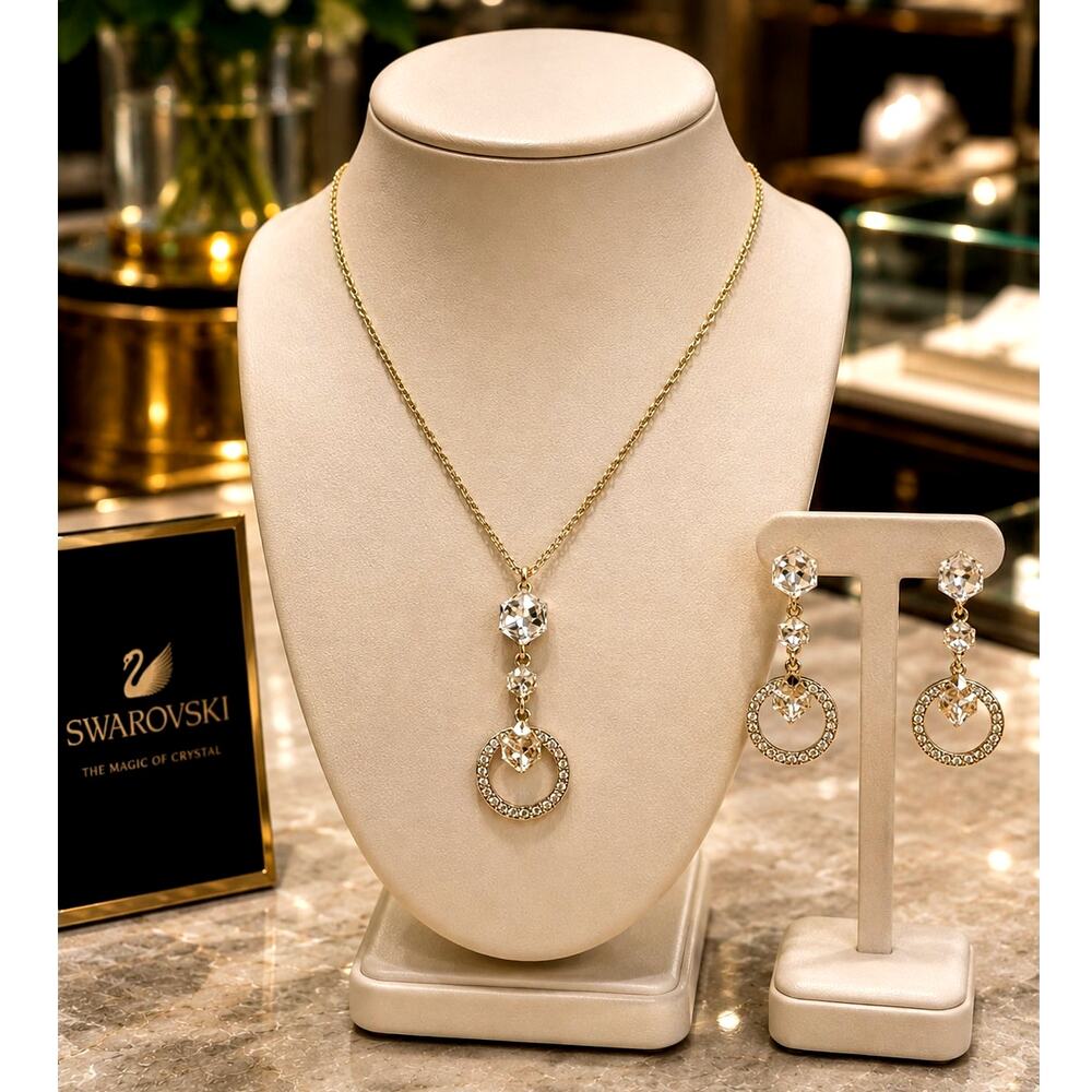 This Swarovski Geometric Pendant Necklace with Matching Earrings Set